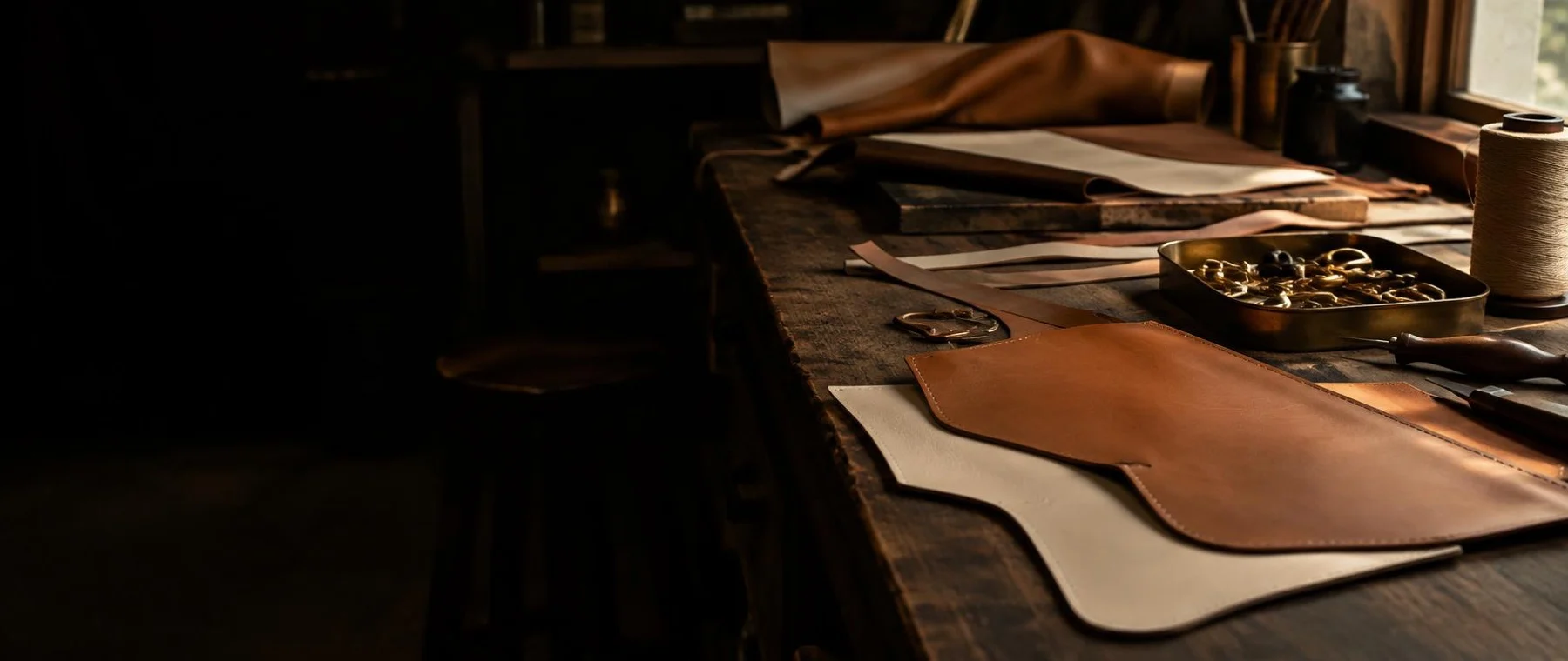 Leather panels, a brass hardware tray and thread on a workshop bench