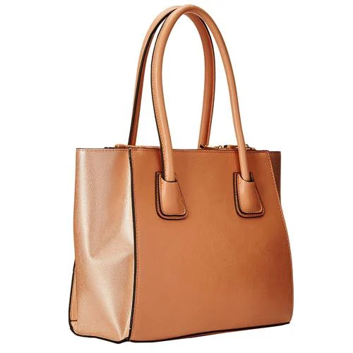 Caramel structured tote with two rounded handles and contrasting textured side panels