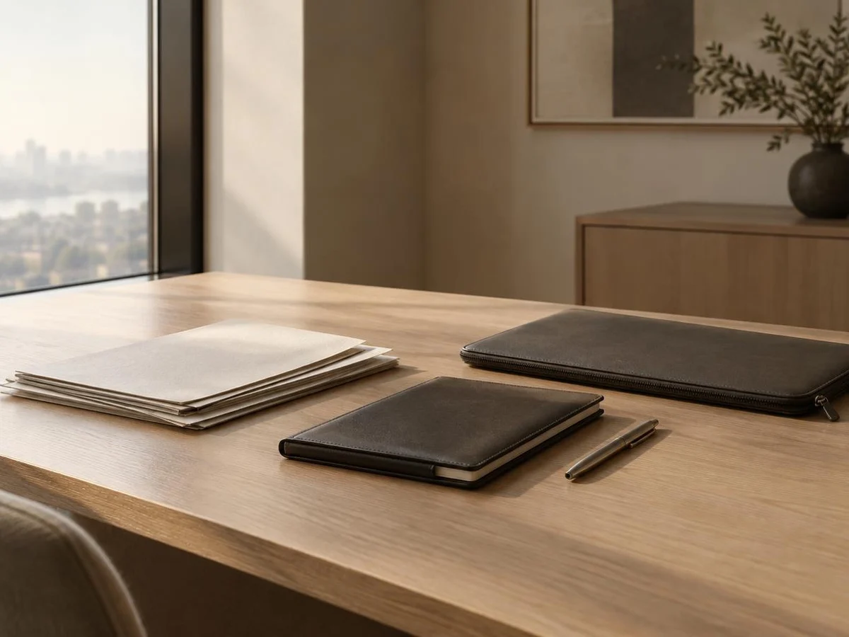 A warm minimal desk with folded documents, a leather notebook and a laptop sleeve beside a window