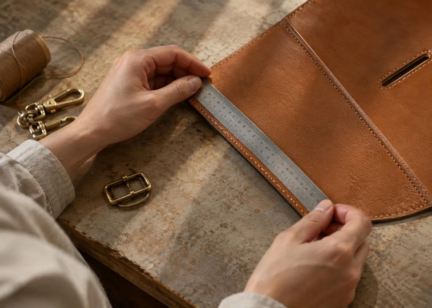 Hands checking a stitched tan leather bag panel with a steel ruler