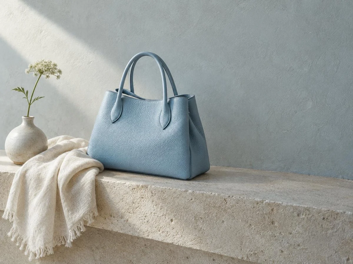 A beige printed weekender bag resting on a wooden luggage bench beside a folded linen blanket in warm afternoon light