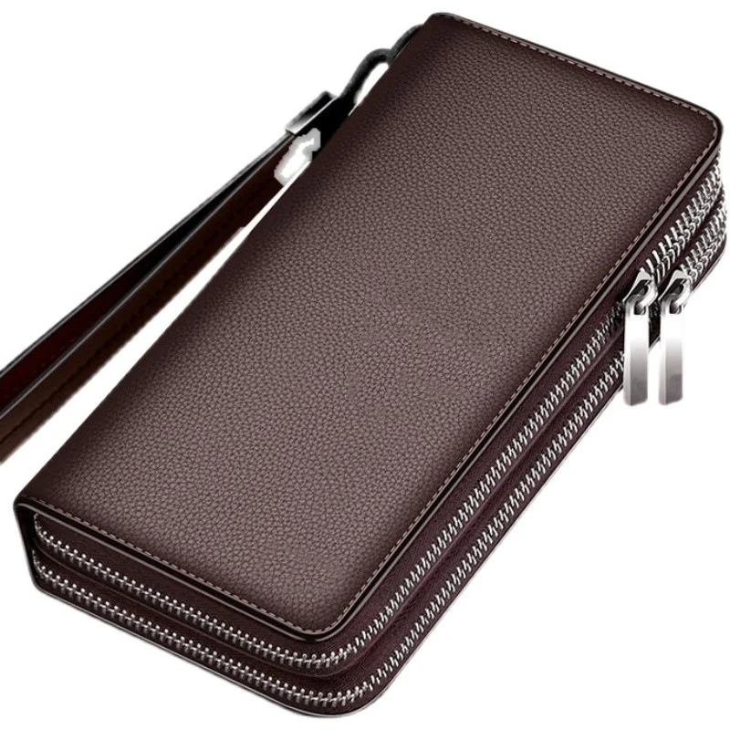Dark long wallet with two zip closures and a wrist strap