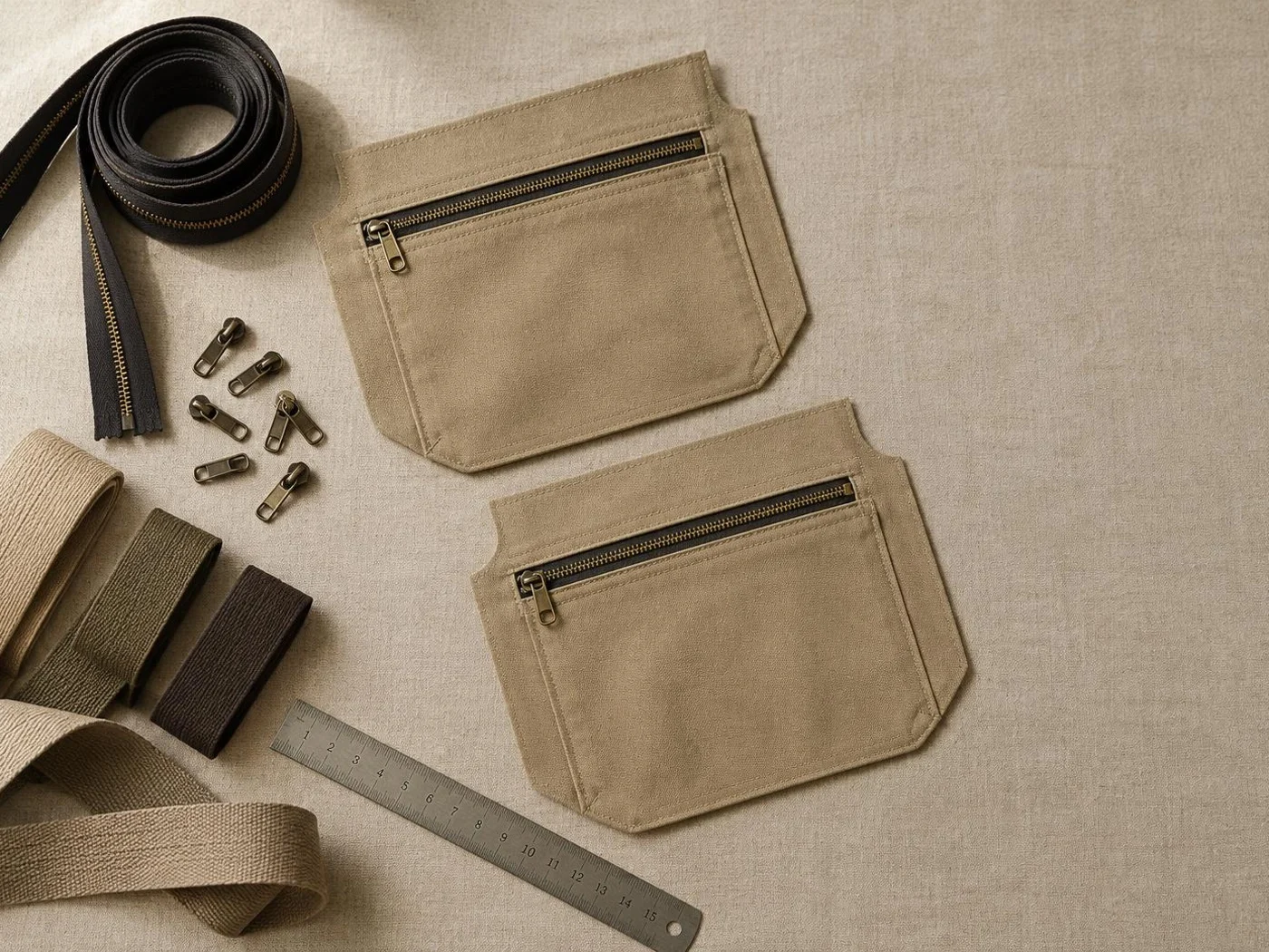 Bag development bench with backpack pattern pieces, zip tape, webbing straps, a ruler and shears