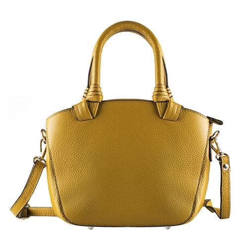 Mustard yellow mini tote with twin handles, shoulder strap and metal studs on the base