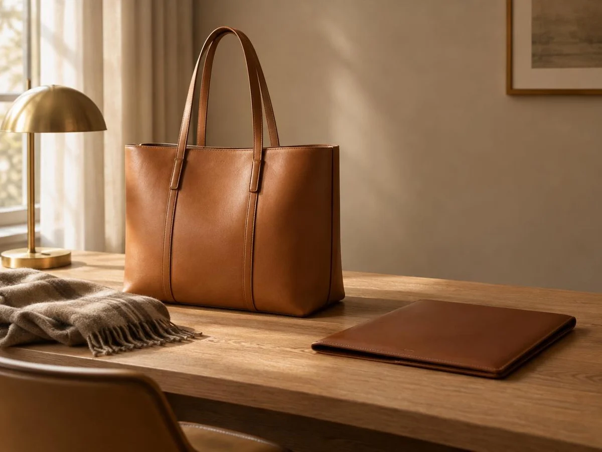 A structured caramel leather tote standing upright on a desk beside a slim folder, folded scarf and brass lamp