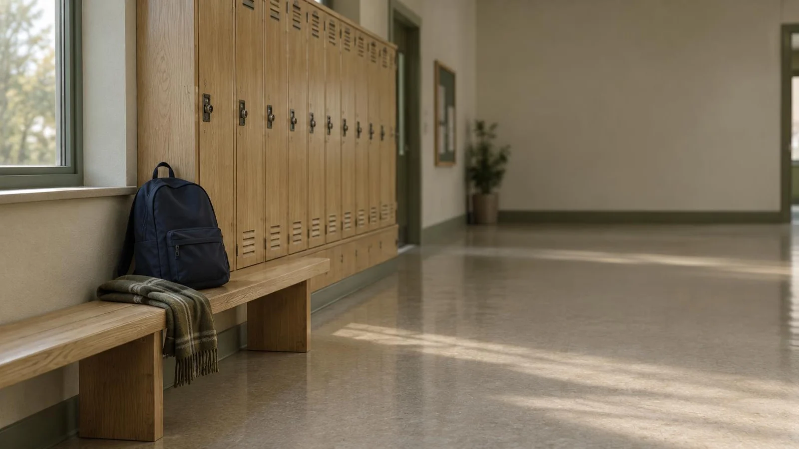 Quiet school entrance hall with timber benches and a plain black unbranded backpack on the floor