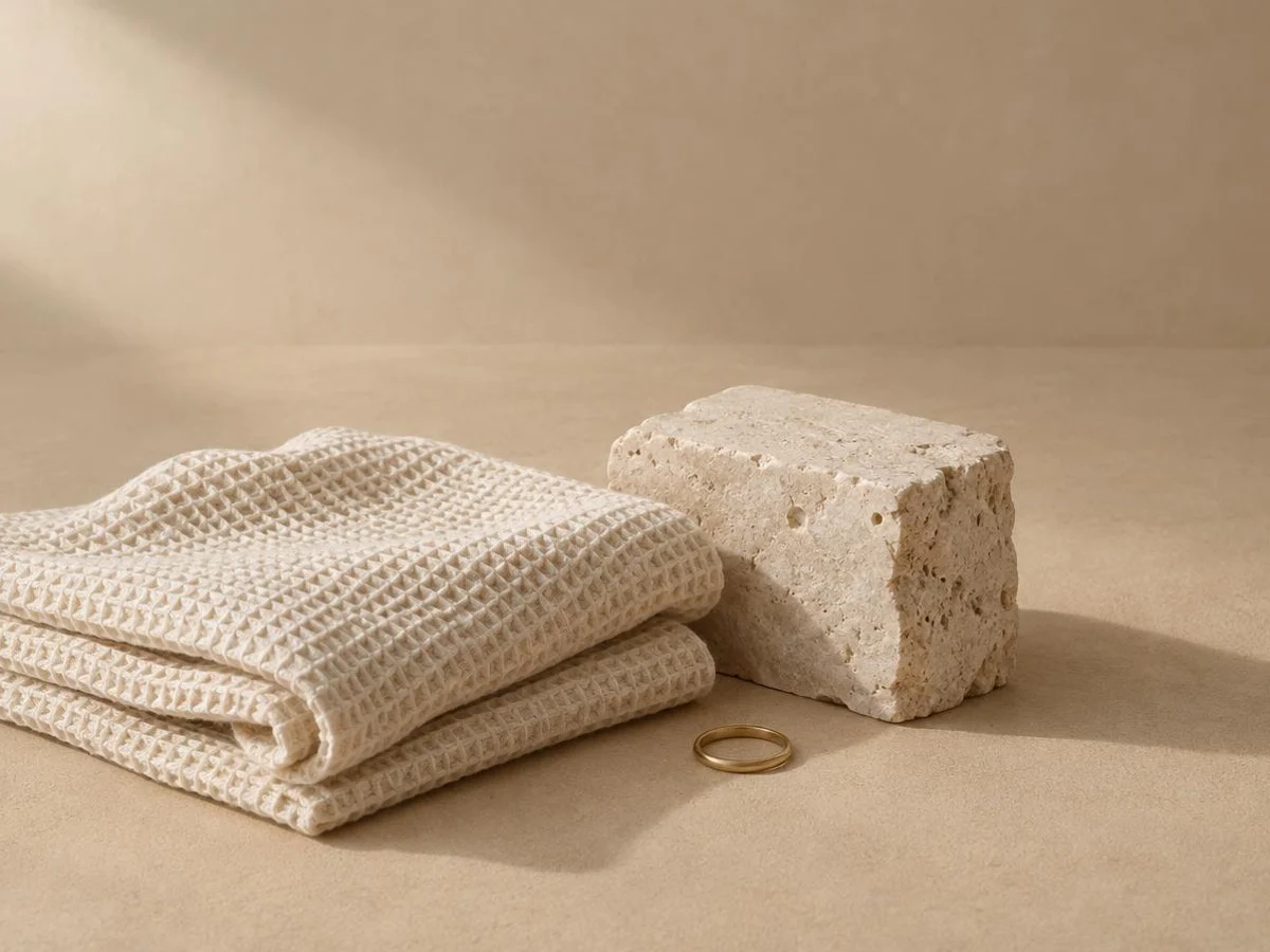Folded cream woven fabric and a pale limestone block on a warm sand surface with a thin brass ring