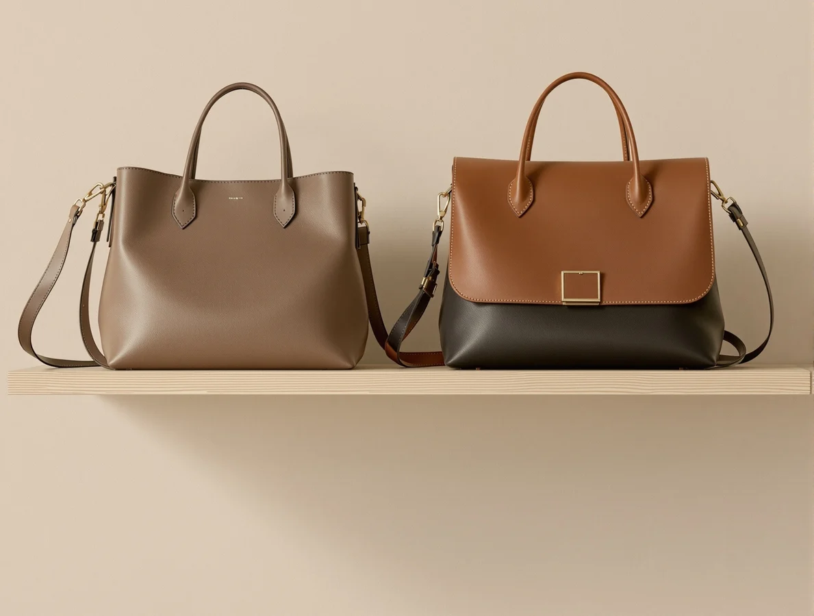 Leather handbags displayed on a low shelf against a warm plaster wall