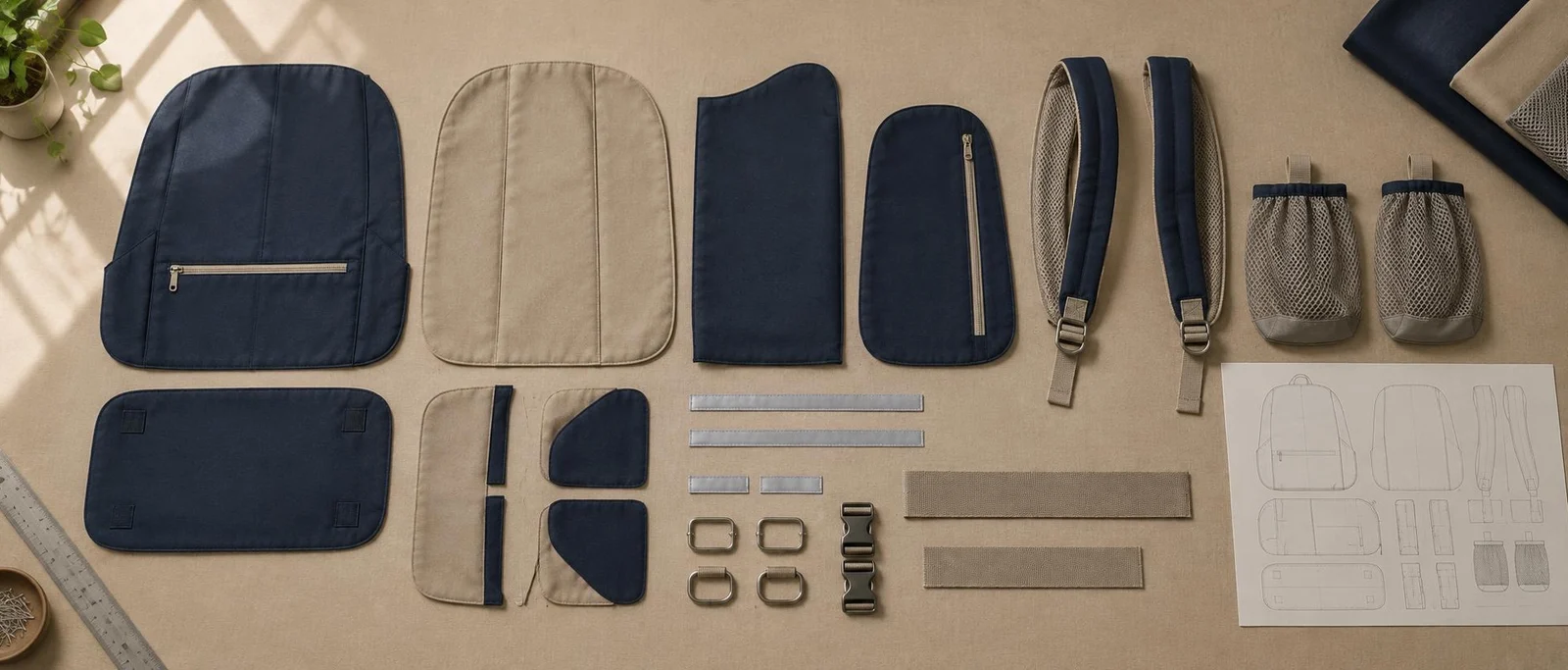 School bag panels, padded straps, bottle pockets and buckles laid out on a development bench