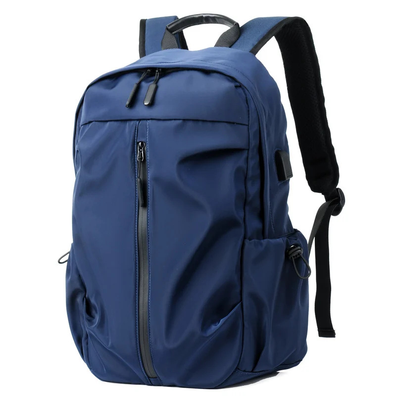 Blue zipped backpack with a front zip pocket and side pockets