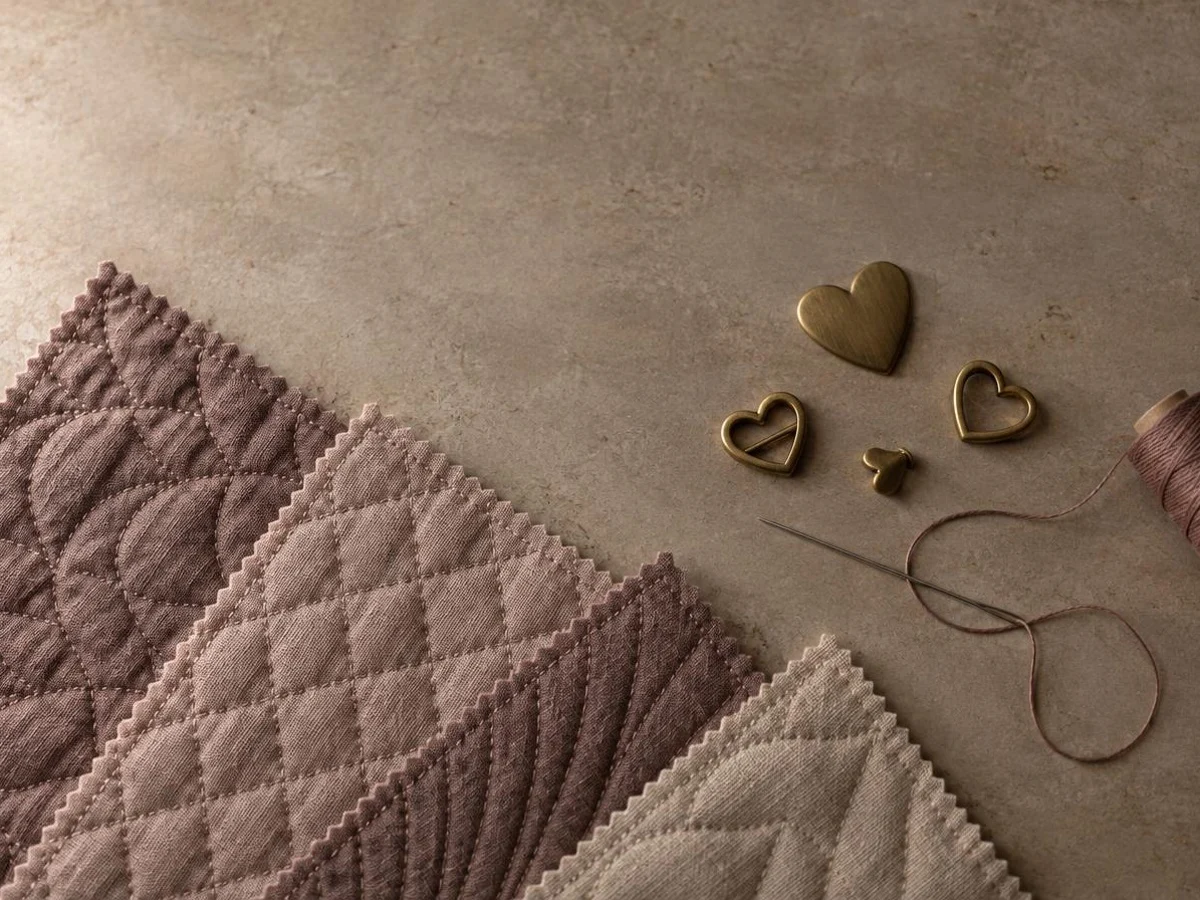 Blush pink smooth leather swatches with a folded ribbon bow prototype, a snap fastening and thread on a warm workbench