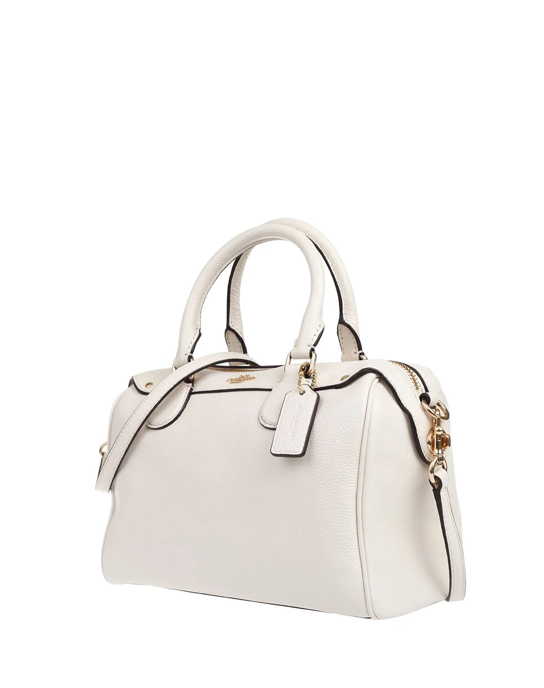Cream pebbled leather satchel with gold zip hardware and a detachable crossbody strap