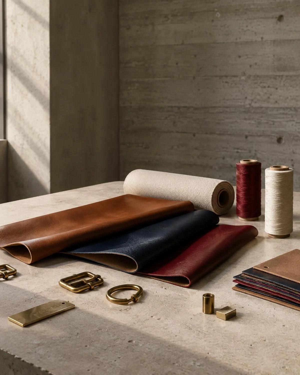 Leather swatches in tan, cream, olive and brown beside a tray of brass hardware