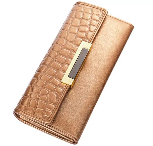 Textured long flap wallet with a rectangular hardware detail on the flap