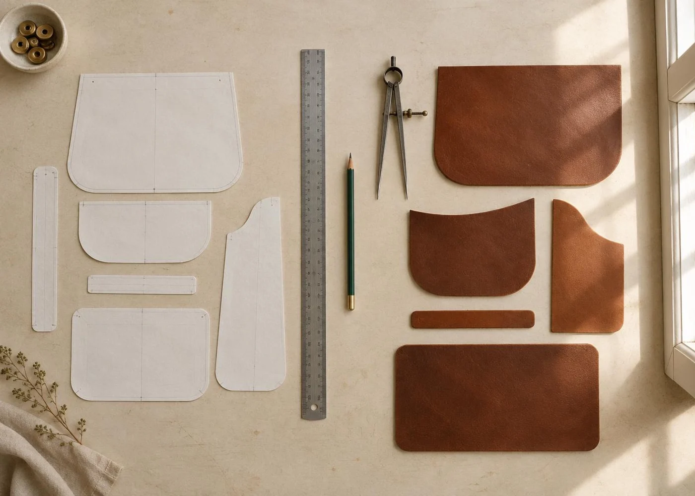 Paper pattern pieces, ruler and leather panels on a pale workbench