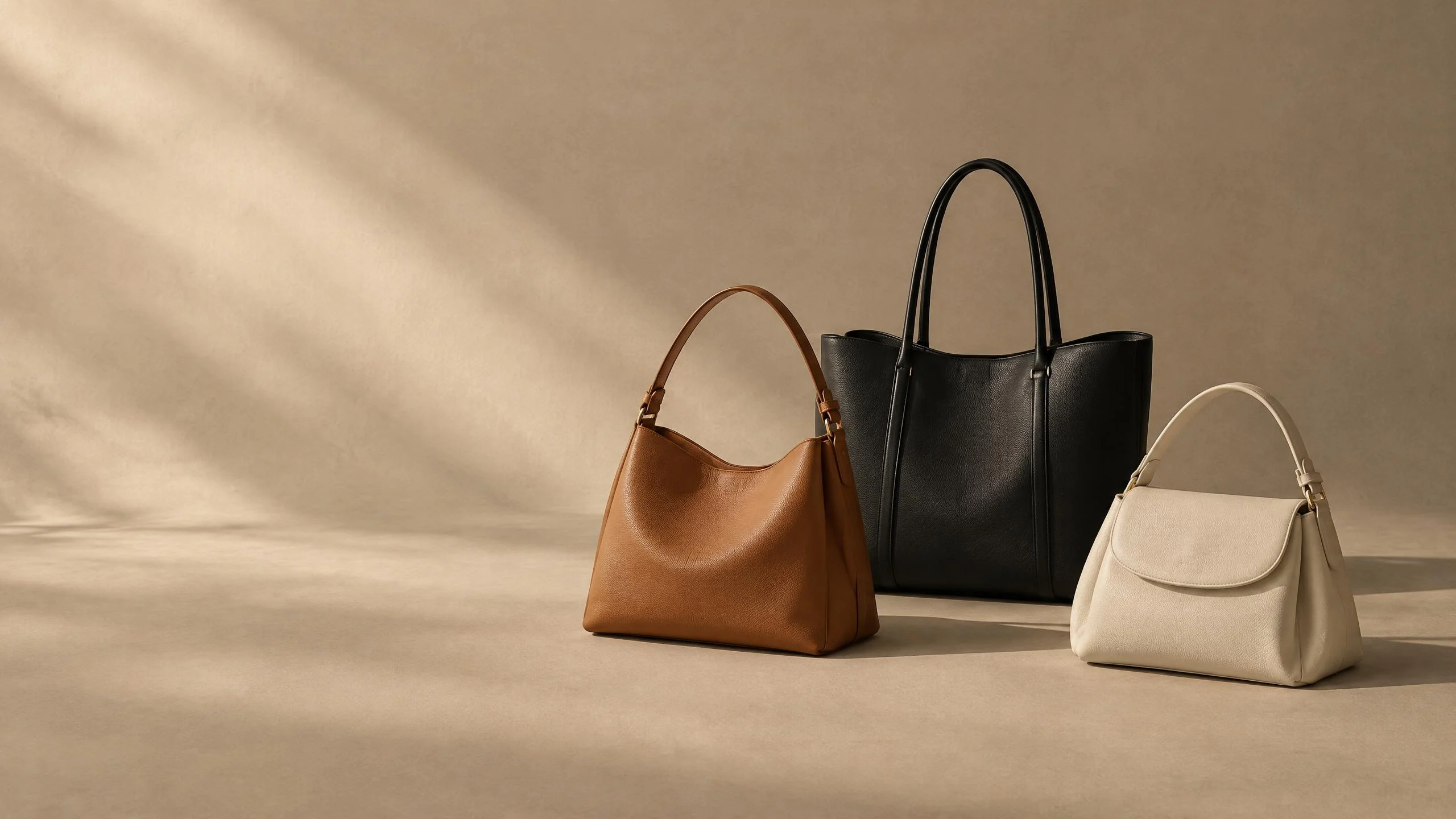 Handbags in tan, cream, pale blue and black on a warm sand studio surface