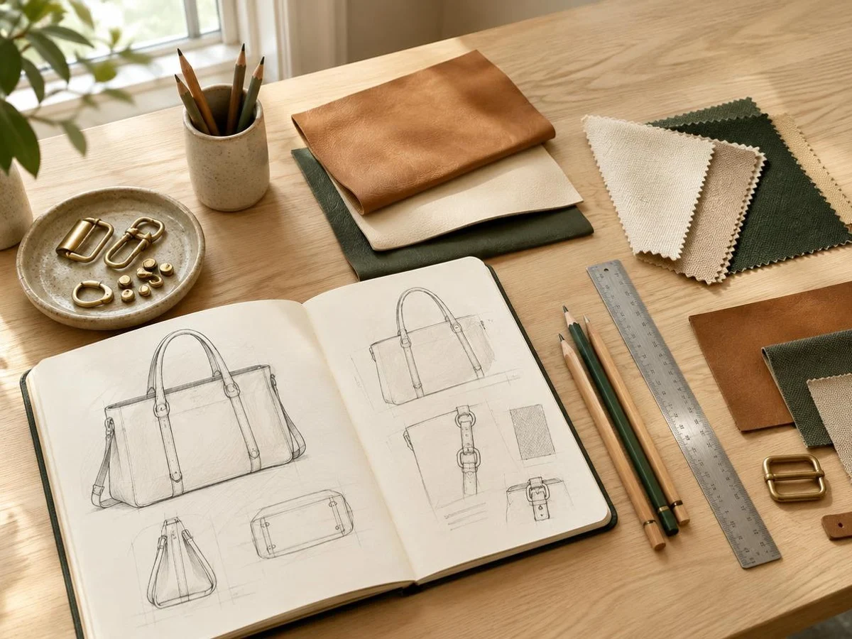 Wallet panels, card slot templates and brass snaps laid out on a workbench surface