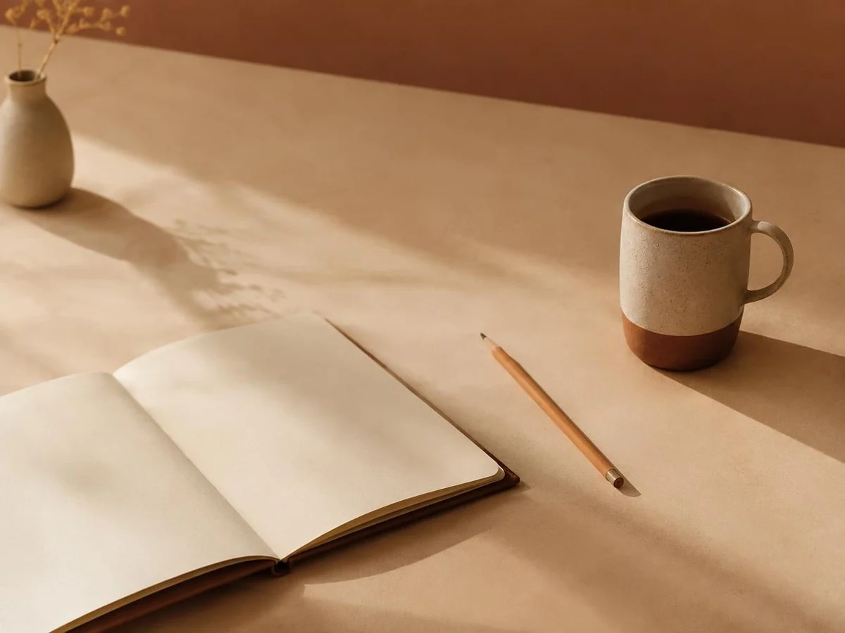 An open tan leather tote resting on a wooden bench beside a linen scarf, notebook and sunglasses