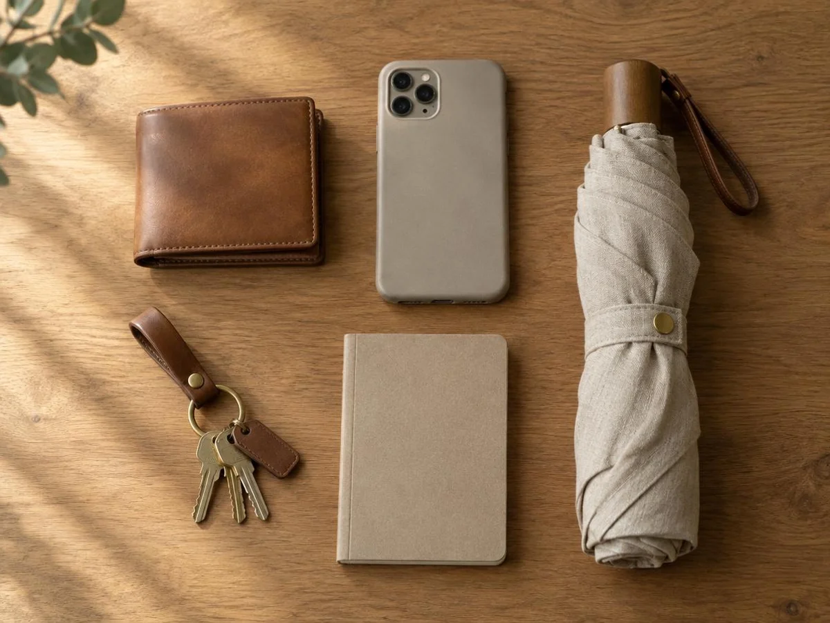 Flat lay of everyday carry items — wallet, phone, keys, folding umbrella and a notebook on a warm oak surface